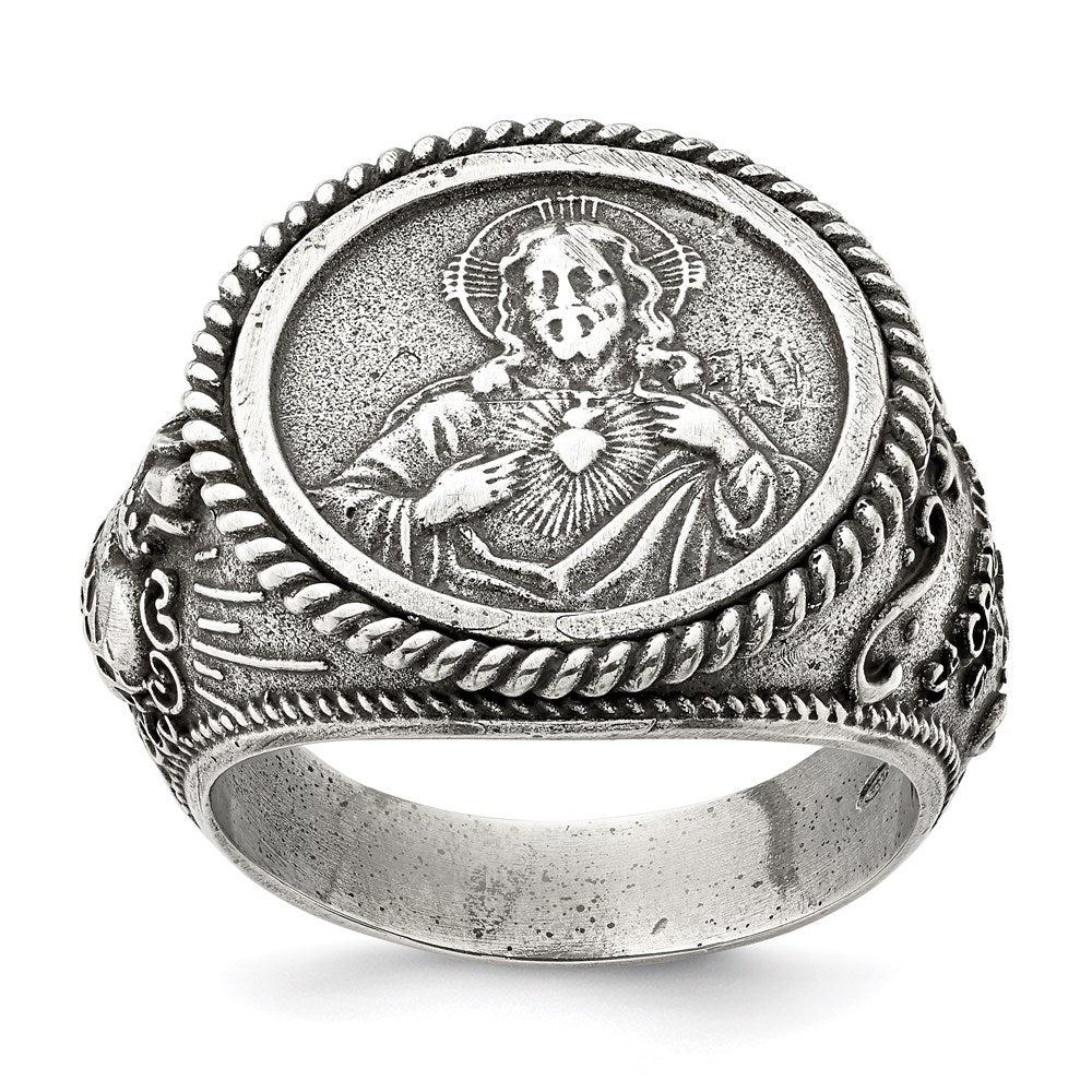 Sterling Silver Antiqued Sacred Heart Of Jesus Ring (Size 9 Only)
