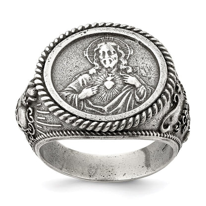 Sterling Silver Antiqued Sacred Heart Of Jesus Ring (Size 9 Only)