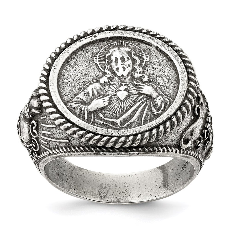 Sterling Silver Antiqued Sacred Heart Of Jesus Ring (Size 9 Only)
