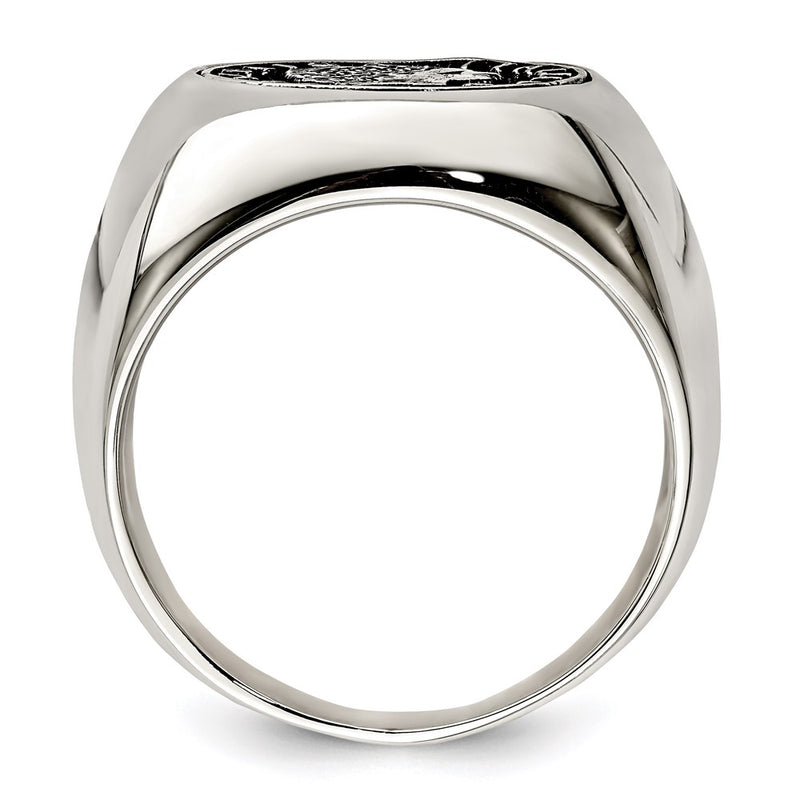 Sterling Silver Polished With Antiqued Replica 50 Lire Italian Coin Ring (Size 9 Only)