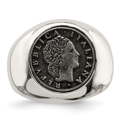 Sterling Silver Polished With Antiqued Replica 50 Lire Italian Coin Ring (Size 9 Only)