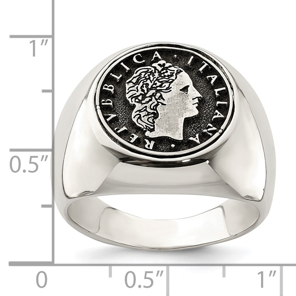 Sterling Silver Polished With Antiqued Replica 50 Lire Italian Coin Ring (Size 9 Only)