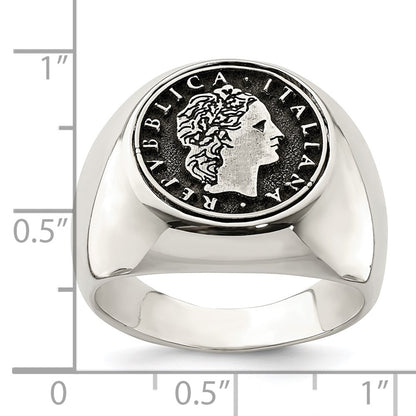 Sterling Silver Polished With Antiqued Replica 50 Lire Italian Coin Ring (Size 9 Only)