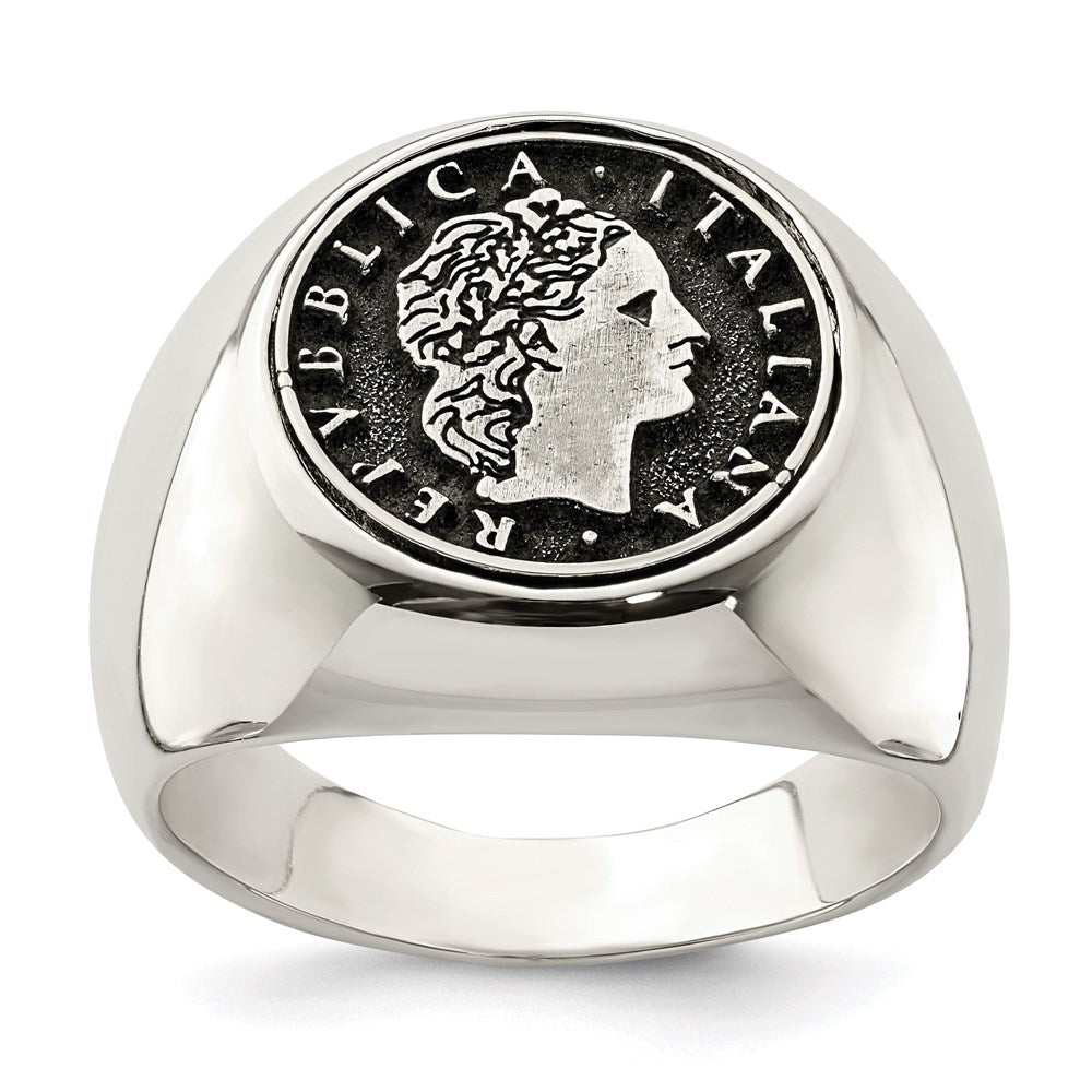 Sterling Silver Polished With Antiqued Replica 50 Lire Italian Coin Ring (Size 9 Only)