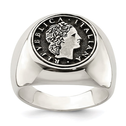 Sterling Silver Polished With Antiqued Replica 50 Lire Italian Coin Ring (Size 9 Only)