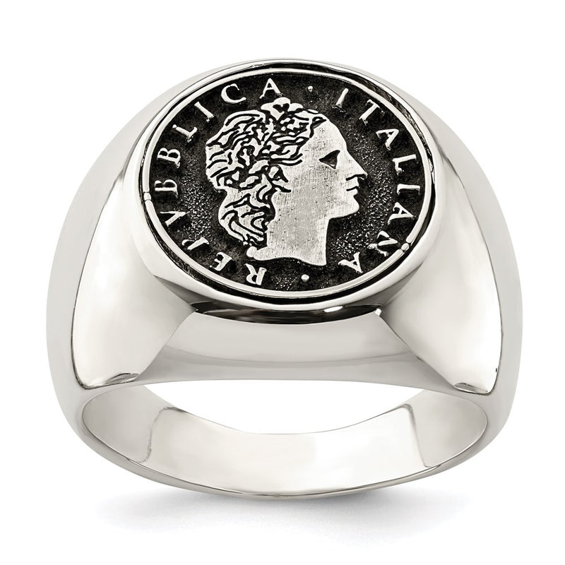 Sterling Silver Polished With Antiqued Replica 50 Lire Italian Coin Ring (Size 9 Only)