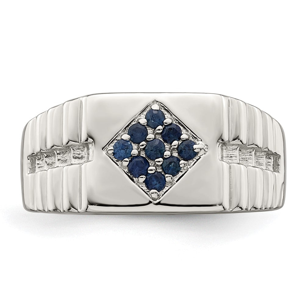 Sterling Silver Rhodium Plated Men'S Blue Sapphire Ring