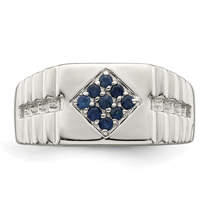 Sterling Silver Rhodium Plated Men'S Blue Sapphire Ring