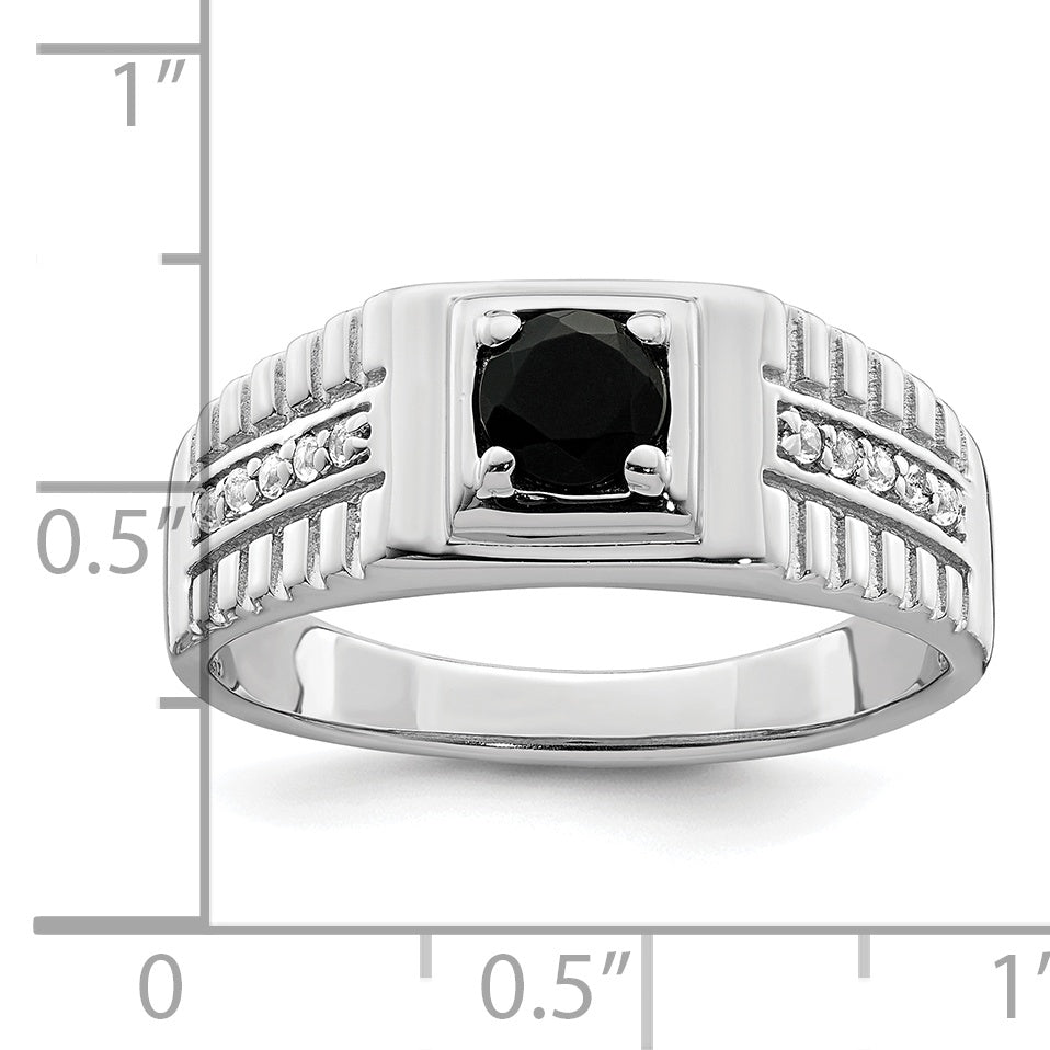Sterling Silver Rhodium Plated Men'S Onyx And White Topaz Ring