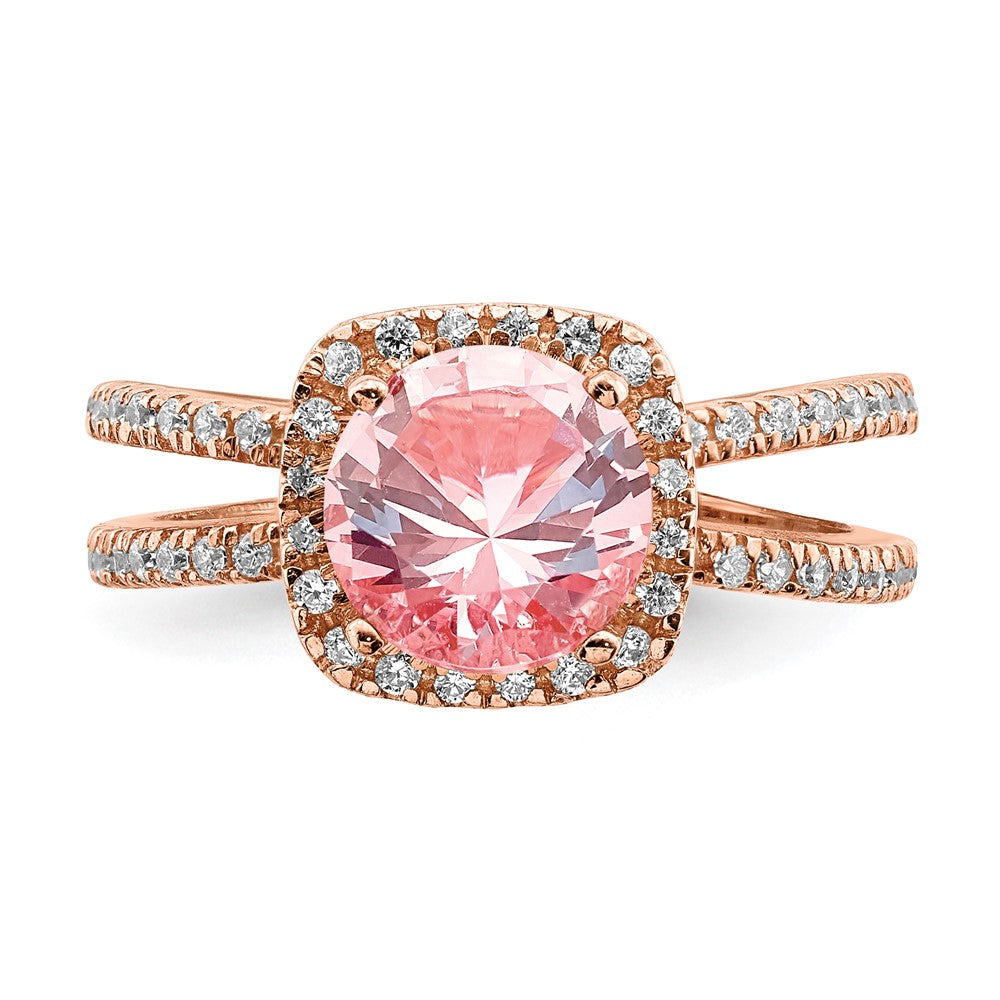 Sterling Silver Rose Tone Pink Center Nano Crystal & Cz Square Ring