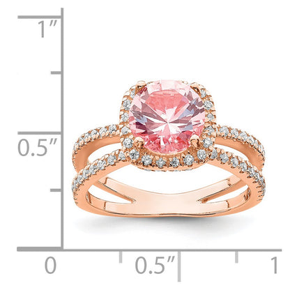Sterling Silver Rose Tone Pink Center Nano Crystal & Cz Square Ring