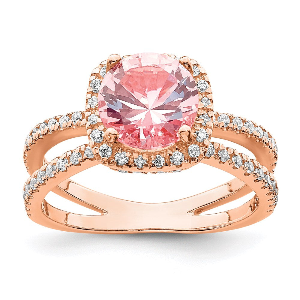 Sterling Silver Rose Tone Pink Center Nano Crystal & Cz Square Ring