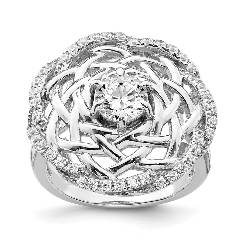 Sterling Silver Rhodium Plated 6mm Cz Center Woven Ring
