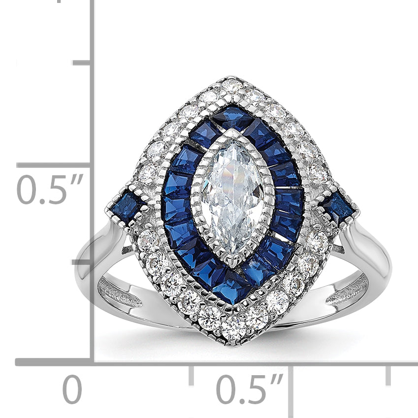 Sterling Silver Rhodium Plated Cz And Synthetic Blue Spinel Ring