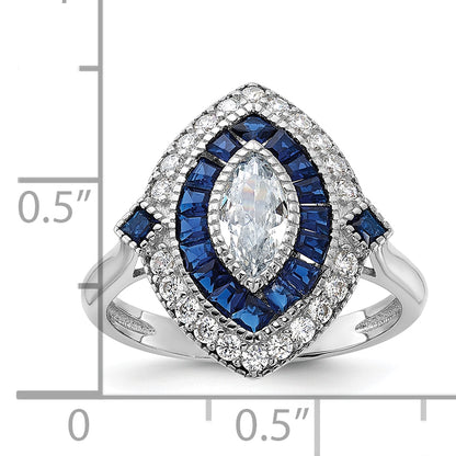 Sterling Silver Rhodium Plated Cz And Synthetic Blue Spinel Ring