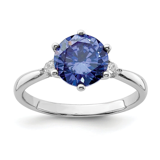 Sterling Silver Rhod Plated Blue And White Cz Ring (Size 6 Only)