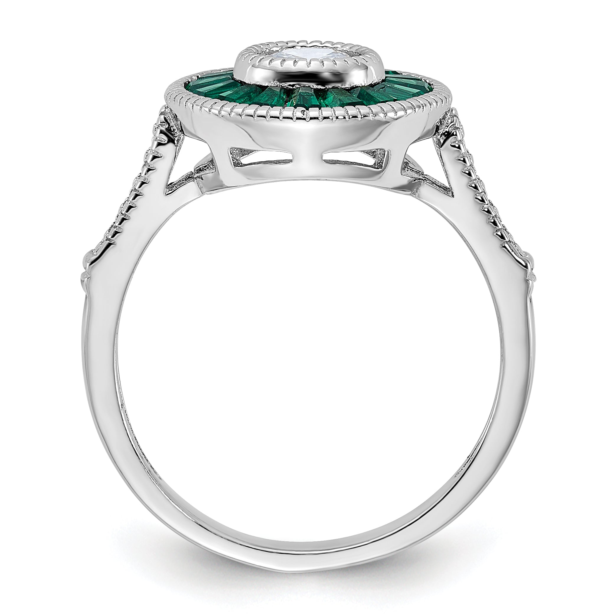 Sterling Silver Rhodium Plated Synthetic Green Spinel And Cz Ring
