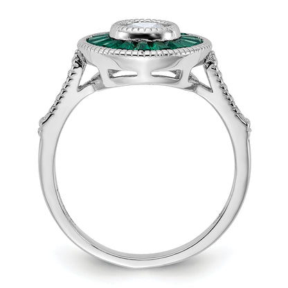Sterling Silver Rhodium Plated Synthetic Green Spinel And Cz Ring