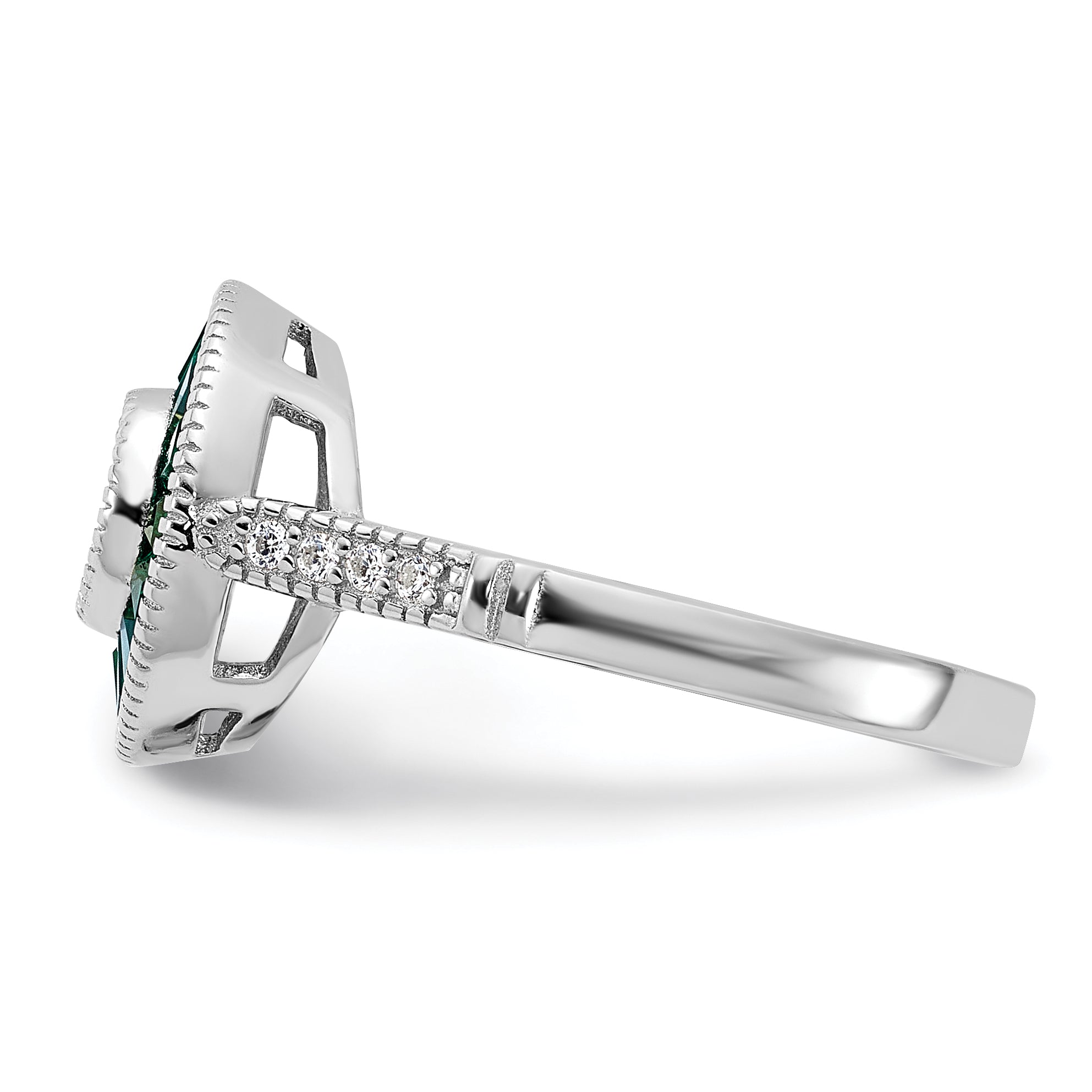 Sterling Silver Rhodium Plated Synthetic Green Spinel And Cz Ring