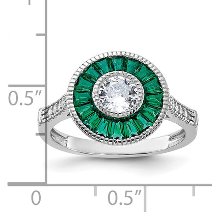 Sterling Silver Rhodium Plated Synthetic Green Spinel And Cz Ring