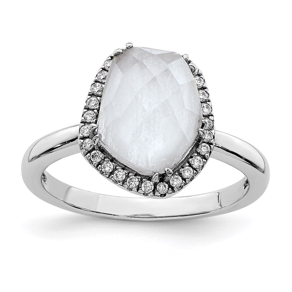 Sterling Silver Rhodium Plated Blue Lace Agate And Cz Ring