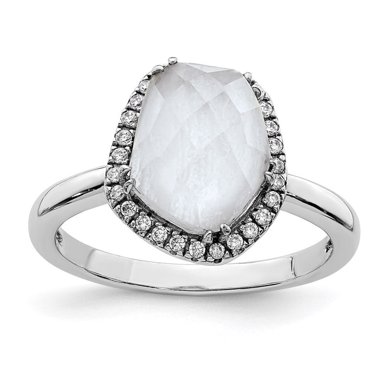 Sterling Silver Rhodium Plated Blue Lace Agate And Cz Ring