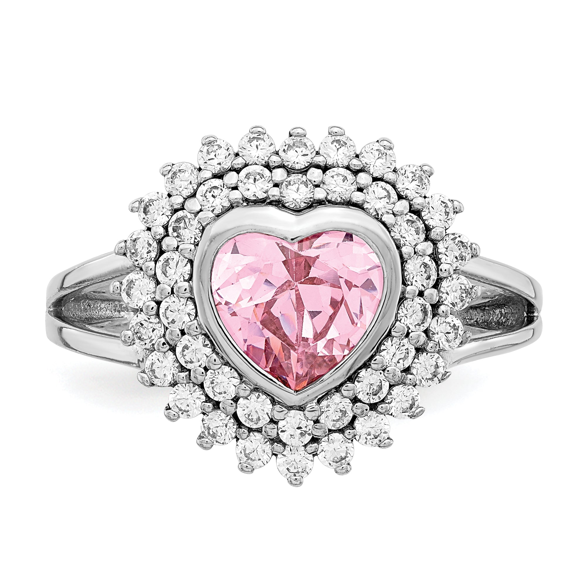 Sterling Silver Rhodium Plated 6mm Pink Heart Cz Ring (Size 6 Only)