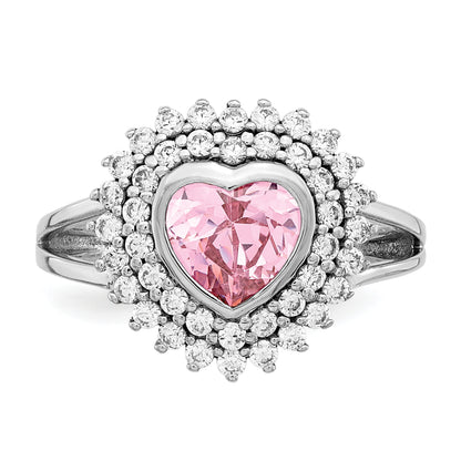 Sterling Silver Rhodium Plated 6mm Pink Heart Cz Ring (Size 6 Only)