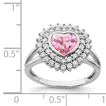 Sterling Silver Rhodium Plated 6mm Pink Heart Cz Ring (Size 6 Only)