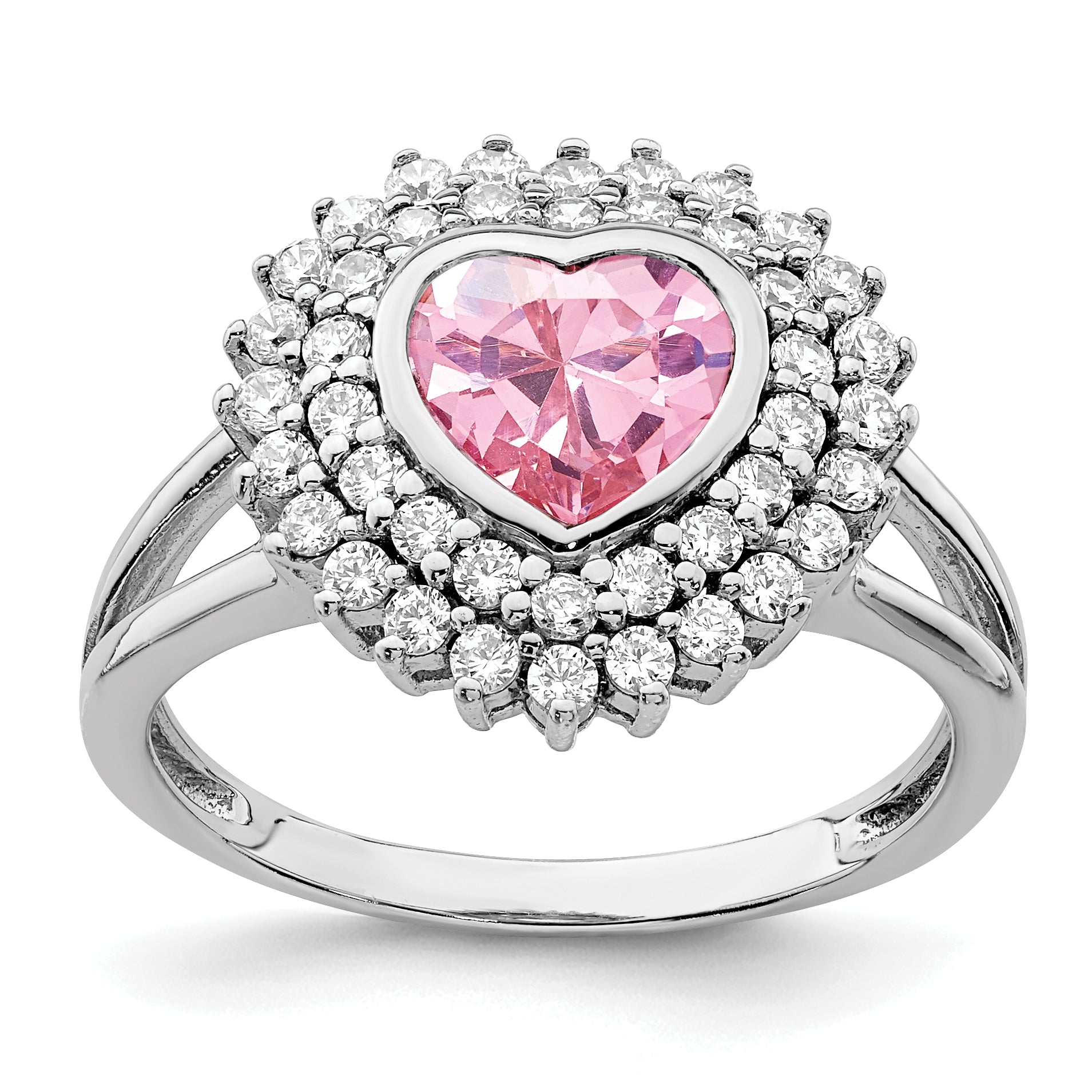Sterling Silver Rhodium Plated 6mm Pink Heart Cz Ring (Size 6 Only)