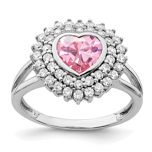Sterling Silver Rhodium Plated 6mm Pink Heart Cz Ring (Size 6 Only)