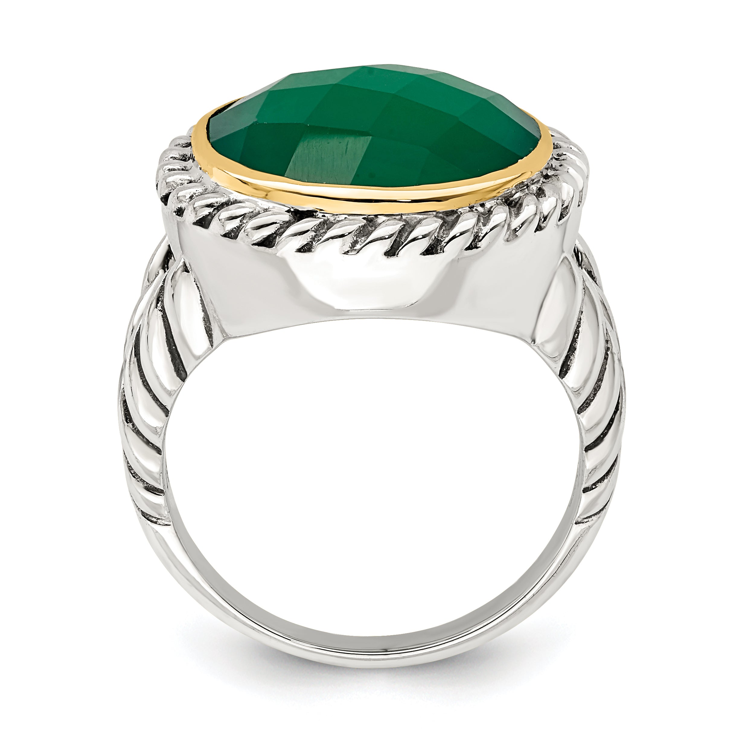 14K/Silver Two Tone Sterling Silver 14K Round Green Onyx Ring (Size 6 Only)