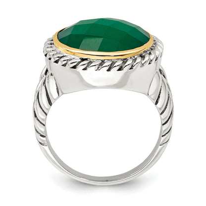 14K/Silver Two Tone Sterling Silver 14K Round Green Onyx Ring (Size 6 Only)