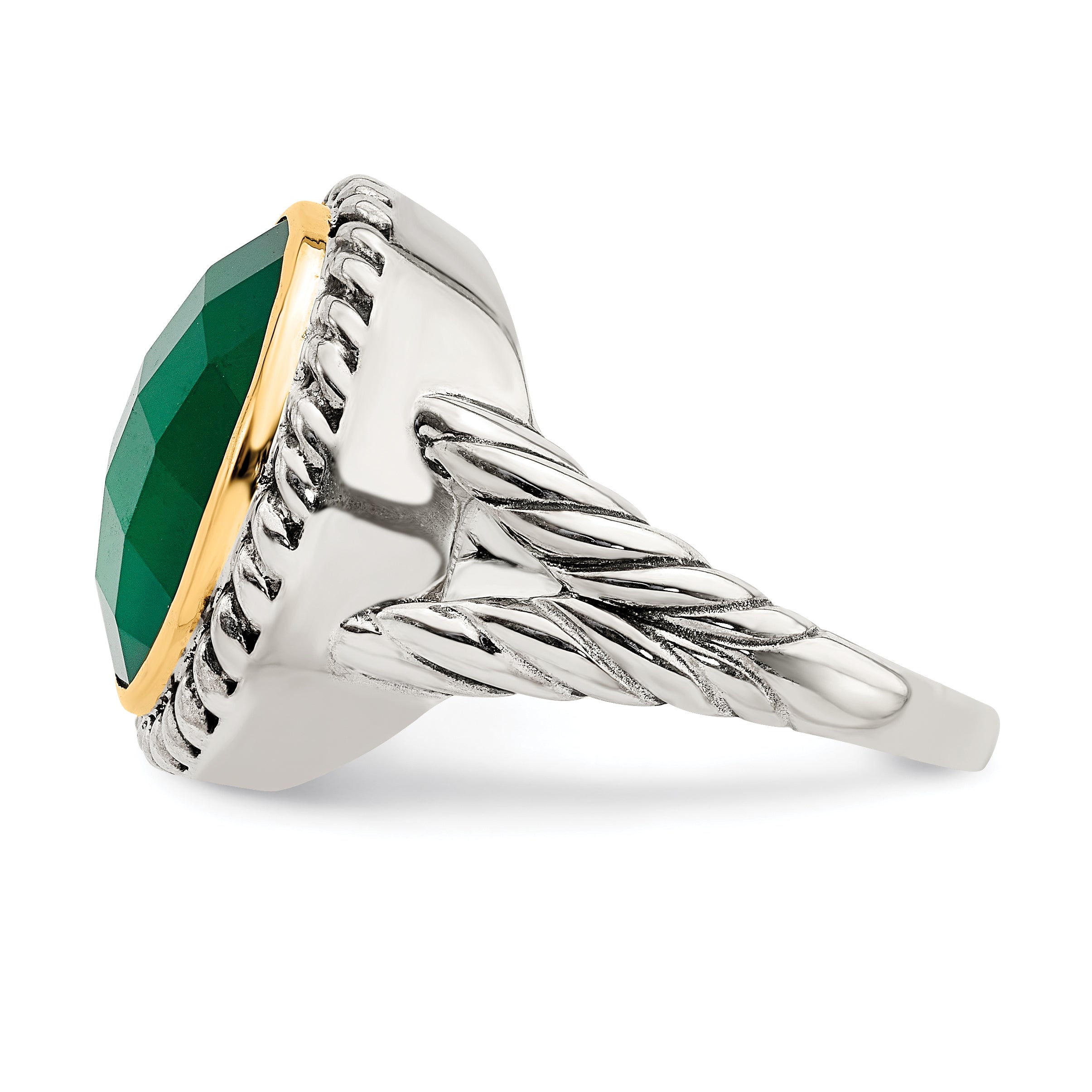 14K/Silver Two Tone Sterling Silver 14K Round Green Onyx Ring (Size 6 Only)
