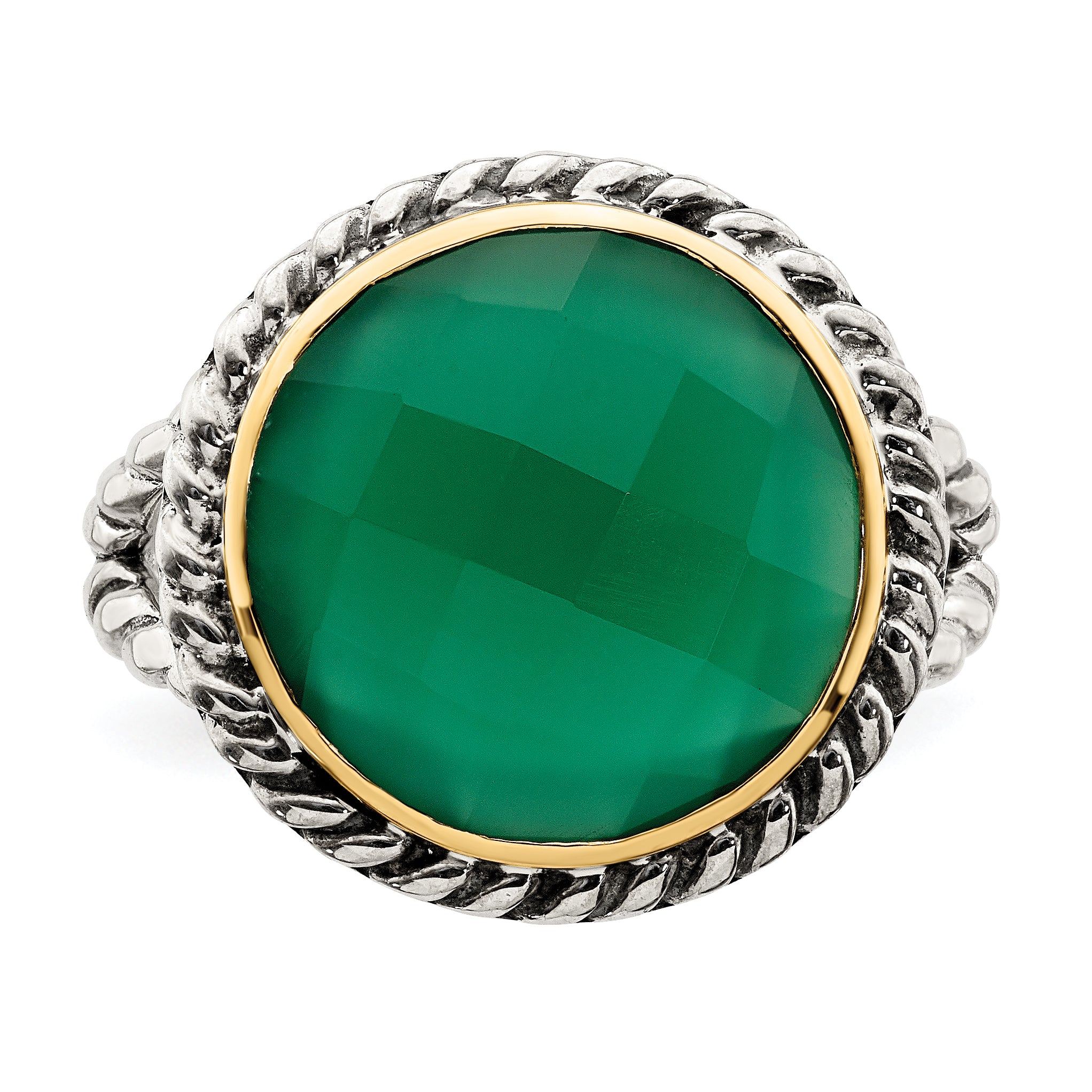 14K/Silver Two Tone Sterling Silver 14K Round Green Onyx Ring (Size 6 Only)