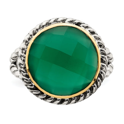 14K/Silver Two Tone Sterling Silver 14K Round Green Onyx Ring (Size 6 Only)