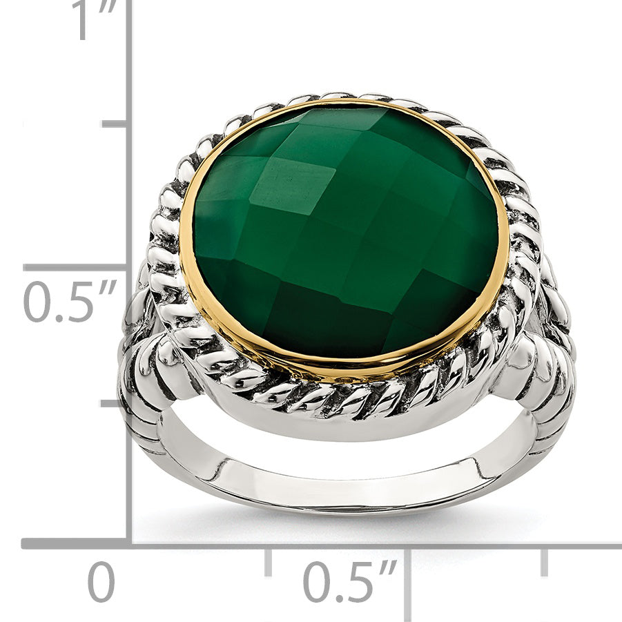 14K/Silver Two Tone Sterling Silver 14K Round Green Onyx Ring (Size 6 Only)