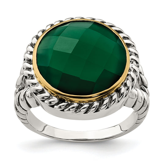 14K/Silver Two Tone Sterling Silver 14K Round Green Onyx Ring (Size 6 Only)