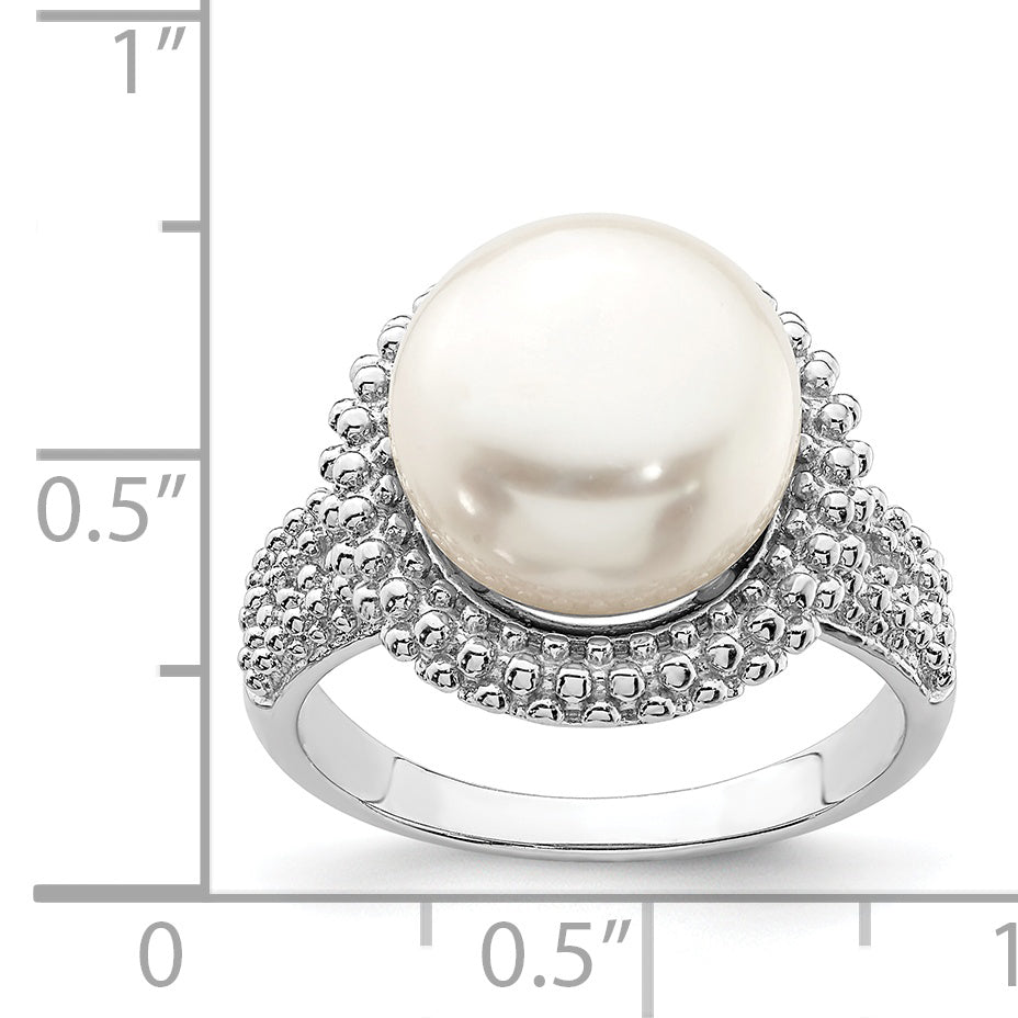Sterling Silver Rhod Plat 11 12mm White Fwc Pearl Ring