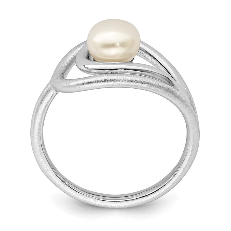 Sterling Silver Rhodium Plated Polished & Brushed (6 7mm) Fwc Pearl Ring