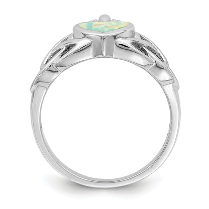 Sterling Silver Rhod Plated Lab Created Opal Celtic Knot Crown Ring
