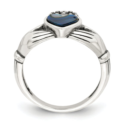 Sterling Silver Antiqued Abalone Inlay And Black Enamel Claddagh Ring