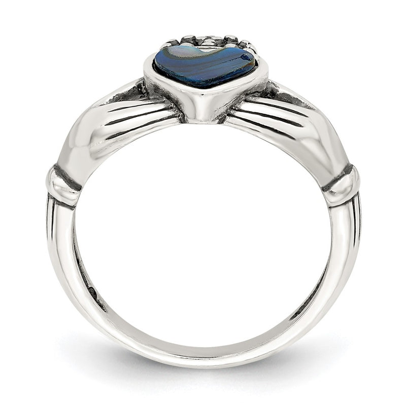 Sterling Silver Antiqued Abalone Inlay And Black Enamel Claddagh Ring