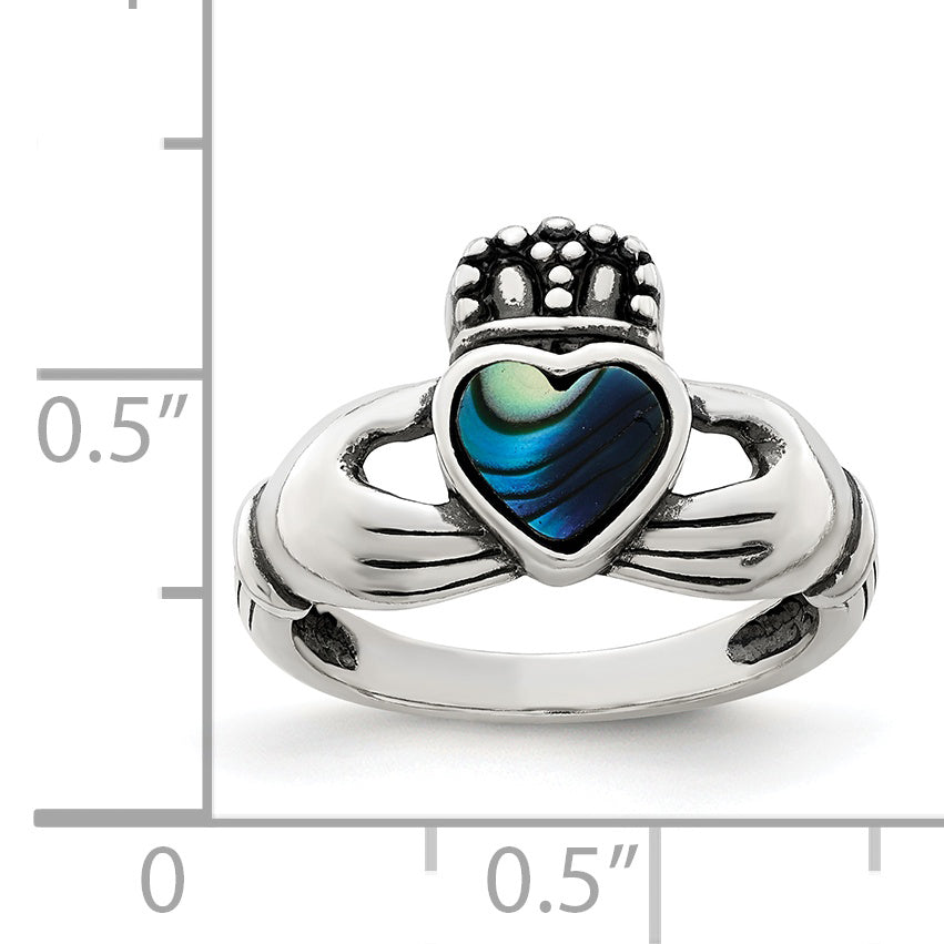 Sterling Silver Antiqued Abalone Inlay And Black Enamel Claddagh Ring