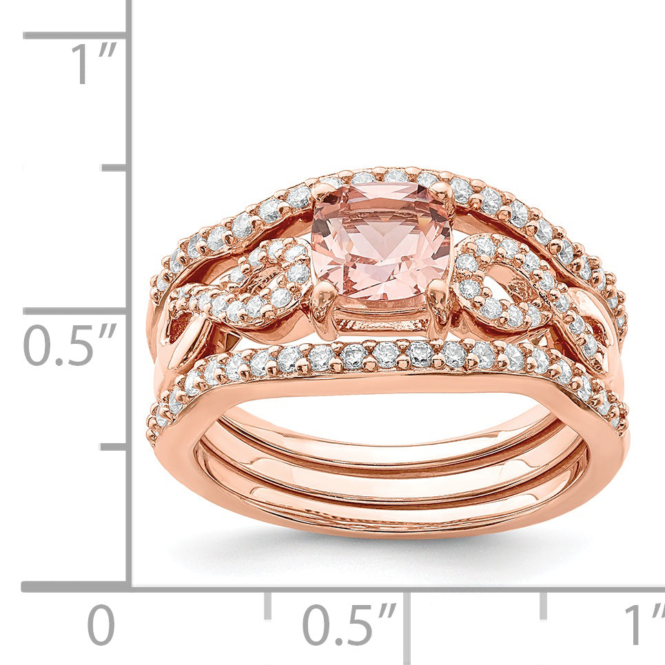Sterling Silver Rose Tone 3 Piece Pink Crystal And Cz Ring Set (Size 8 Only)