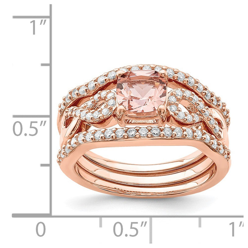 Sterling Silver Rose Tone 3 Piece Pink Crystal And Cz Ring Set (Size 8 Only)
