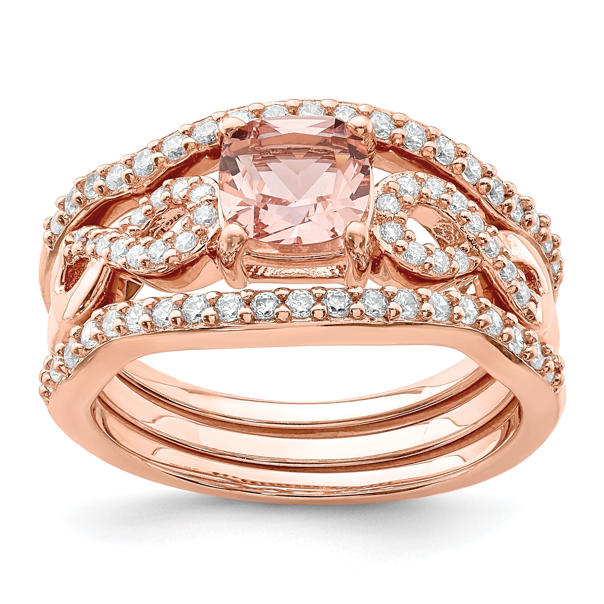 Sterling Silver Rose Tone 3 Piece Pink Crystal And Cz Ring Set (Size 8 Only)