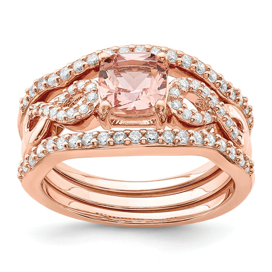Sterling Silver Rose Tone 3 Piece Pink Crystal And Cz Ring Set (Size 8 Only)
