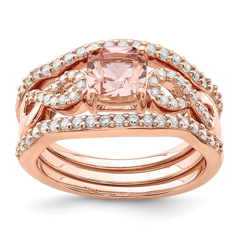 Sterling Silver Rose Tone 3 Piece Pink Crystal And Cz Ring Set (Size 8 Only)