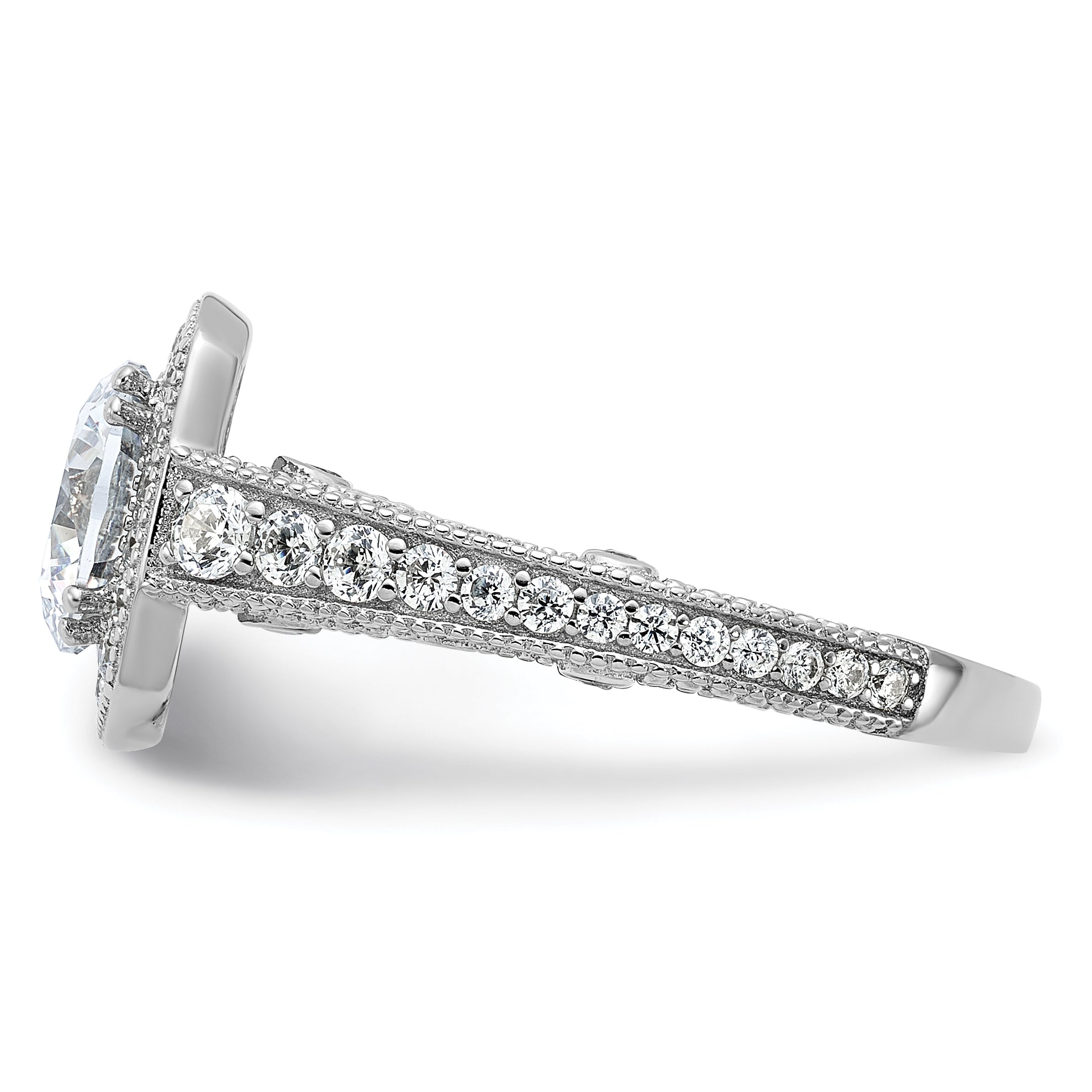Sterling Silver Rhodium Plated 8mm Center Cz Halo Ring